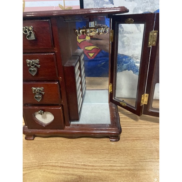 Vintage Wooden Armoire Jewelry Box Chest Necklace Carousel Etched Flowers - Picture 13 of 16